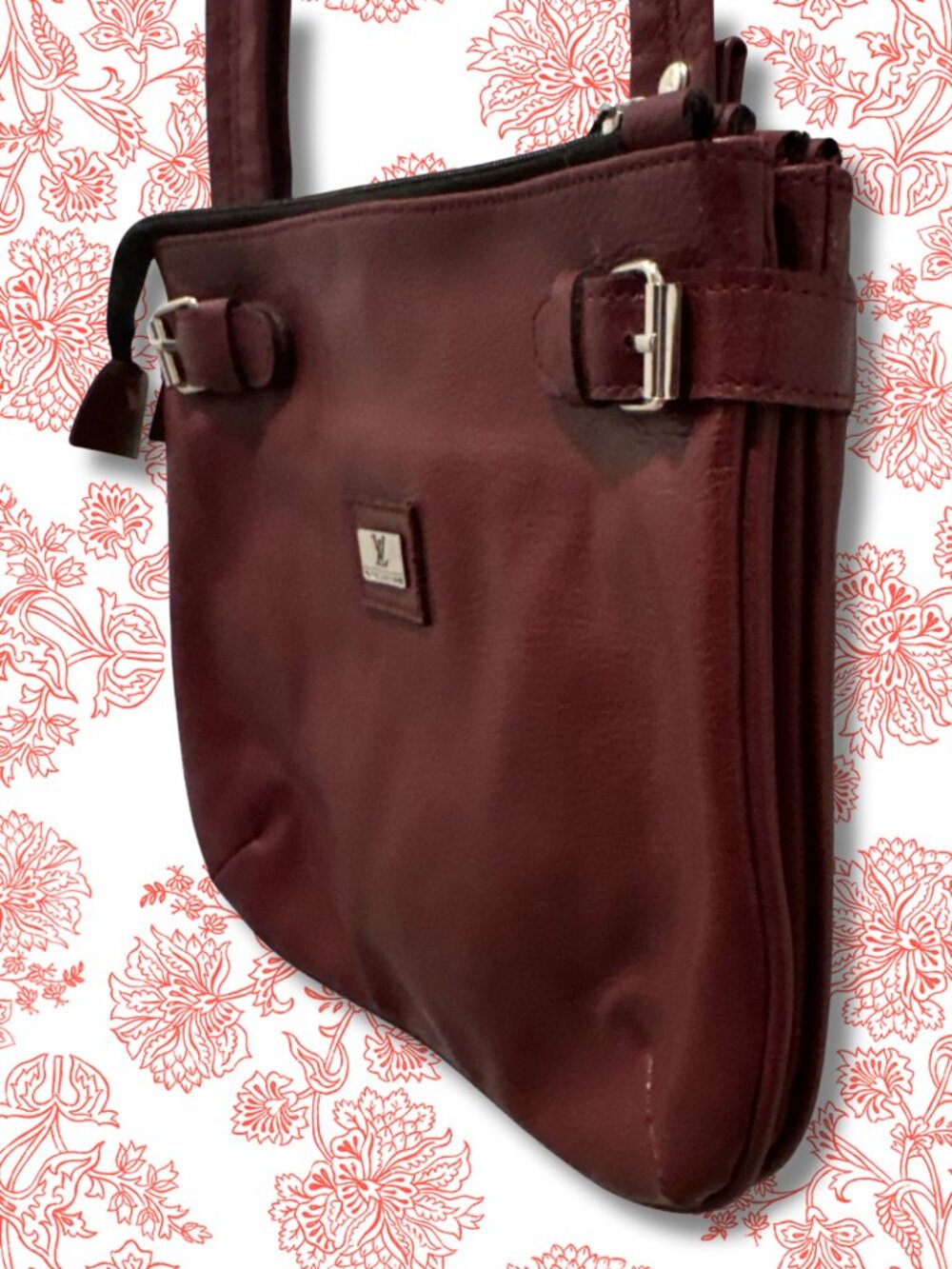 Red Pebbled Faux Leather Crossbody Purse Adjustable Strap Buckle Detail EUC